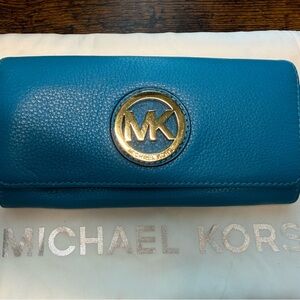 Michael Kors Teal Leather Wallet with Gold Logo